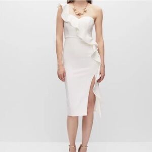 Aidan Mattox NWT Asymmetrical Ruffle One Shoulder Leg Slit Dress Ivory Size 10